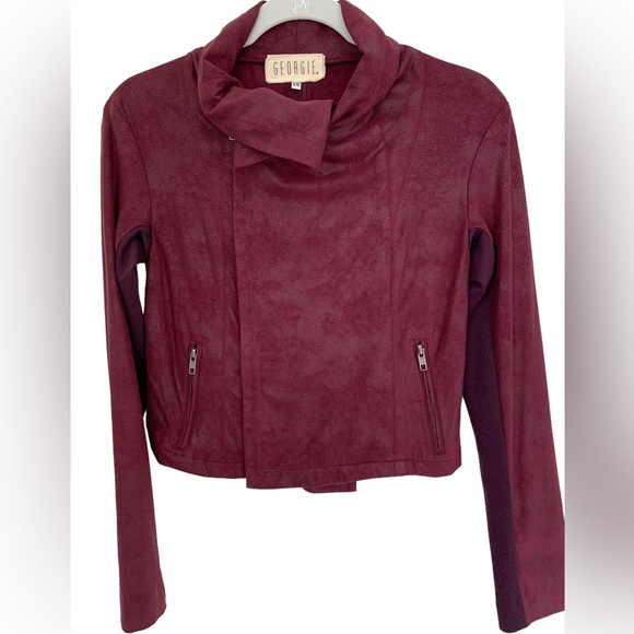 Georgie Faux Leather Cropped Moto Jacket Burgundy Size XS - Picture 2 of 6